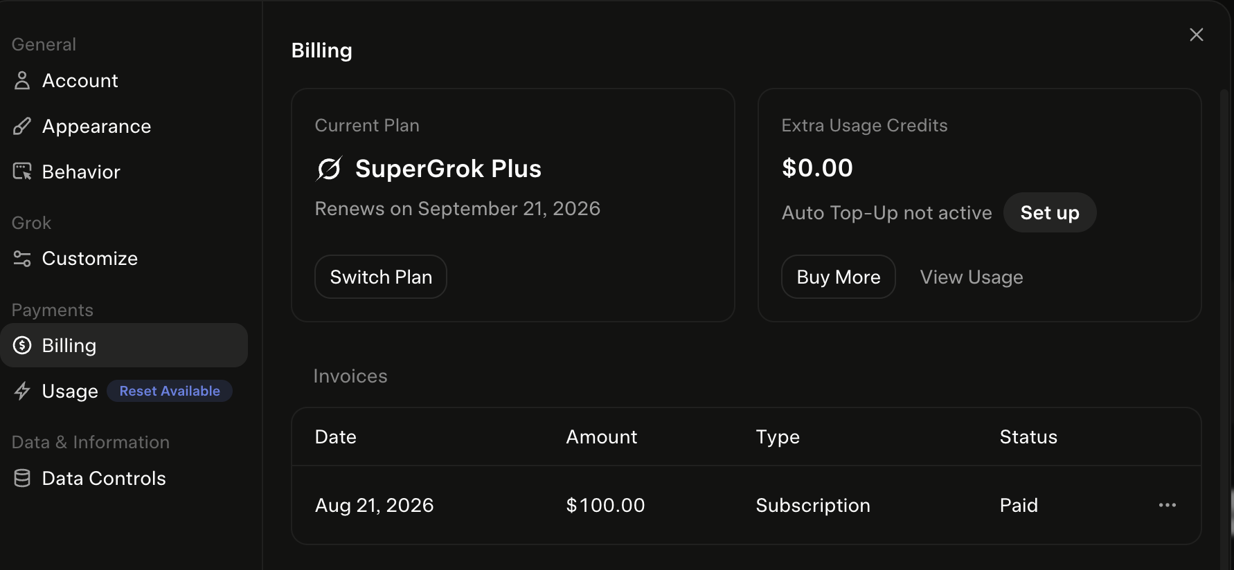 My SuperGrok Plus billing screen with the Reset Available badge next to Usage