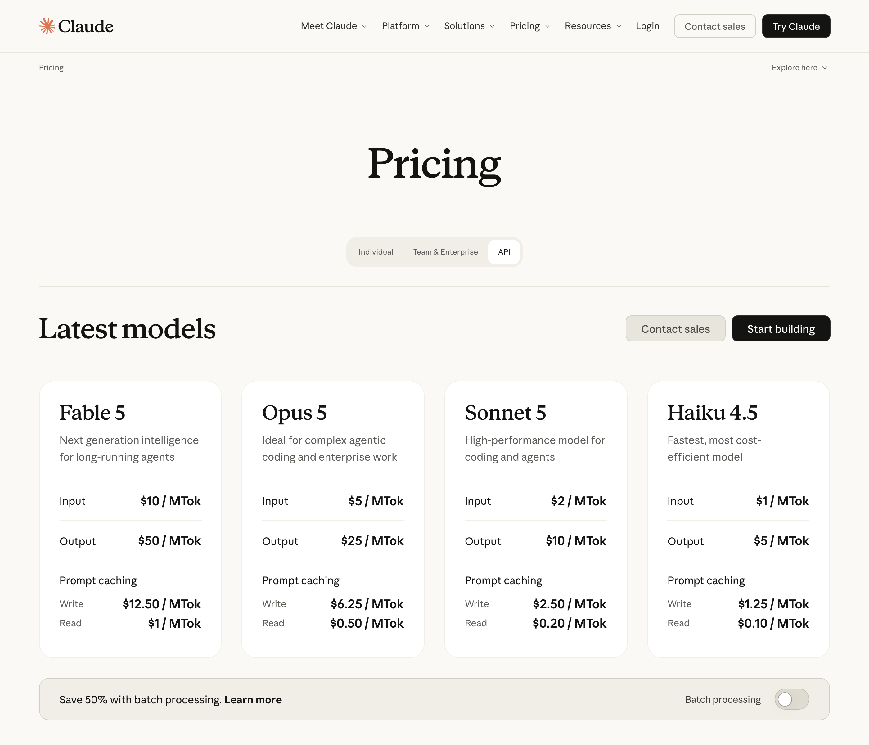 Anthropic's API pricing page showing Opus 5 at $5 per million input tokens with prompt caching reads at $0.50 per million, and the same roughly ten to one ratio across Fable 5, Sonnet 5, and Haiku 4.5