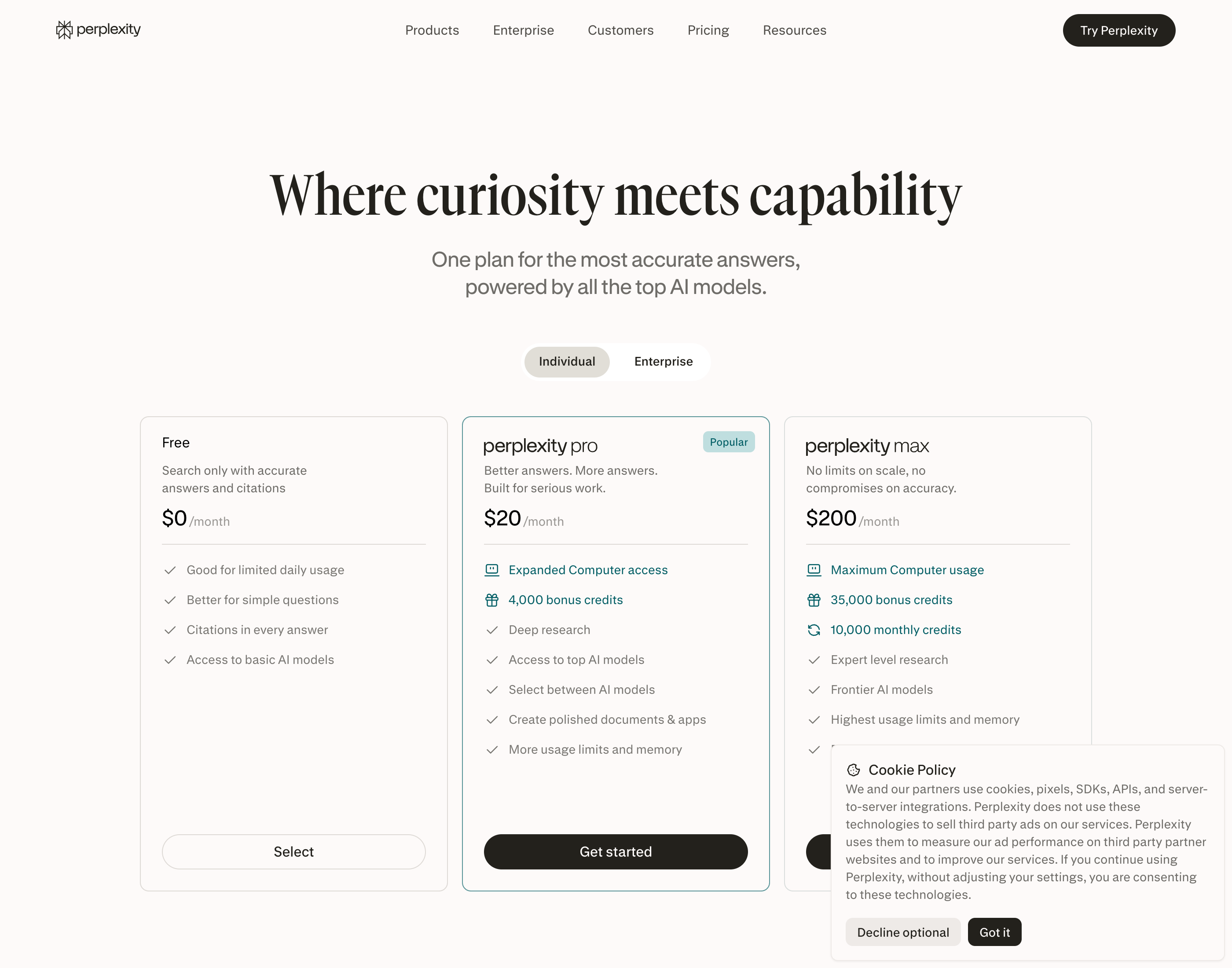 Perplexity's live pricing page: Free, Pro at $20/month, Max at $200/month