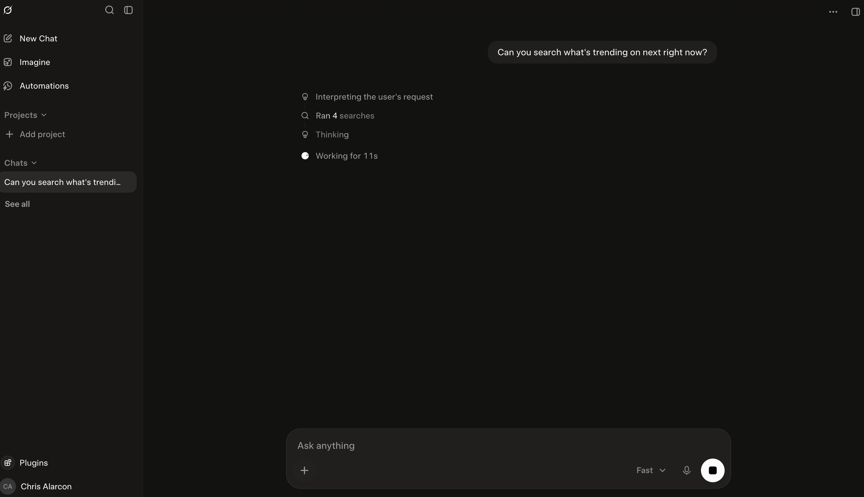 Grok chat running a live X search with its agentic steps visible, from my desktop app