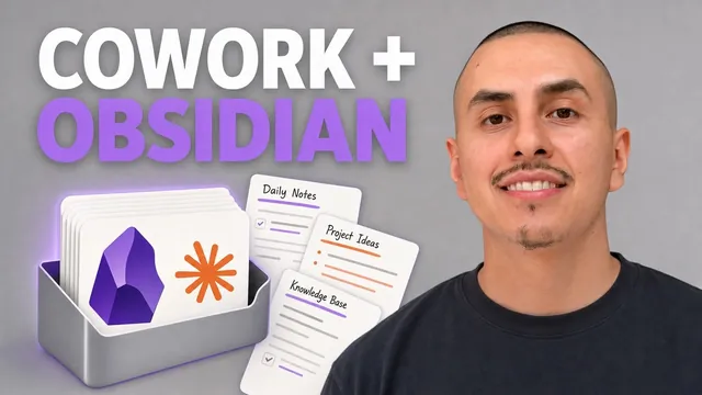Chris beside Claude and Obsidian icons and project notes, with the words Cowork + Obsidian